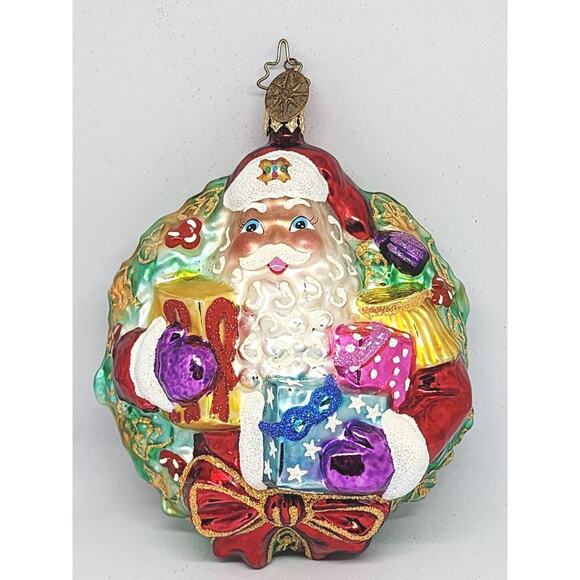 Christopher Radko A Gift For Giving Santa Wreath Glass Christmas Ornament 5” - Picture 1 of 7
